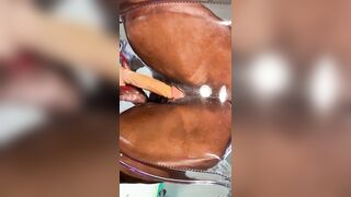 Curly Milky Soak Vagina on a Oily Chair Slipping and