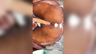 Curly Milky Soak Vagina on a Oily Chair Slipping and