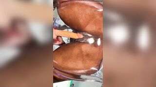 Curly Milky Soak Vagina on a Oily Chair Slipping and