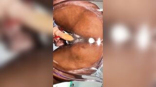Curly Milky Soak Vagina on a Oily Chair Slipping and