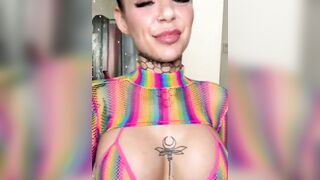 Tattooed Hottie Teases in Rainbow Mesh Lingerie