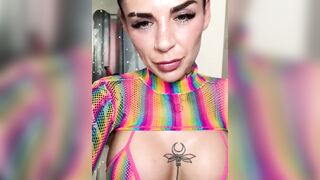 Tattooed Hottie Teases in Rainbow Mesh Lingerie