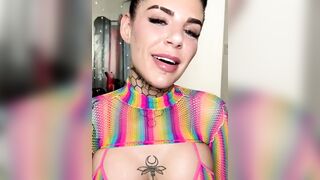 Tattooed Hottie Teases in Rainbow Mesh Lingerie