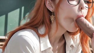 Busty Redhead Teacher in Glasses Masturbates with Dildo in Classroom