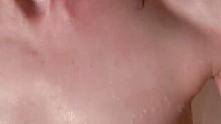 Curly Blonde Cougar Strips for a Wet Solo Shower Blowjob