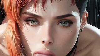 Cyberpunk Redhead Babe Blows Thick Cock in Neon Alley