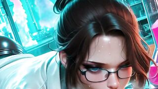 Cyberpunk Brunette with Glasses Gives Sloppy Blowjob