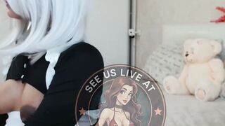 White-Haired Cosplay Maid in Lingerie Teases with Toy