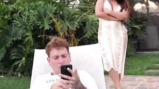 Brunette MILF Stepmom Helps Stepson in the Pool