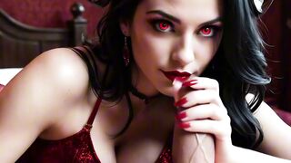 Busty AI Devil Beauty Receives Sticky Facials on Velvet Bed