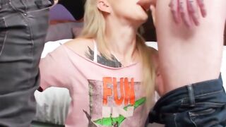 Slender Blonde Tranny Gets Double Teamed and Facialed by Studs