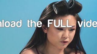 Curvy petite Chinese teen stimulates hairy pussy with a vibrator
