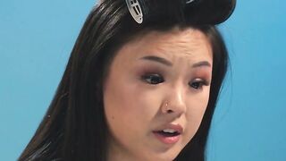 Curvy petite Chinese teen stimulates hairy pussy with a vibrator
