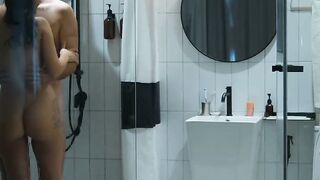 Hot inexperienced couple showers together to neat cum from their faces and have