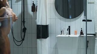Hot inexperienced couple showers together to neat cum from their faces and have