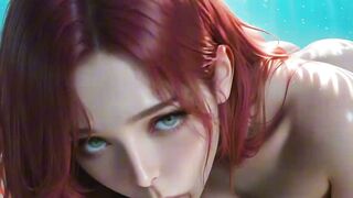 Red hair flows through crystal water as thick cumshots twirls above her sweet AI face