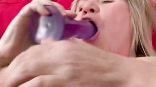 Curvy Mature Granny in Lingerie Rides Massive BBC on Red Couch