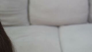 Masked Brunette Babe in White Lingerie Gets Fucked Hard on Couch