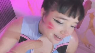 Busty Asian in Blue Lingerie Deepthroats Dildo and Gets Facial