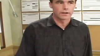 Office Stud Strips Shirt for Big Cock Blowjob in Cubicle