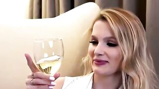 Blonde MILF in Striped Shirt Drinks Wine and Teases with Lace Bra