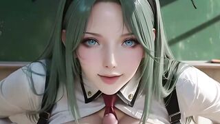 Green Haired Anime college girl in Tight Uniform Blowing