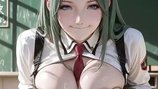 Green Haired Anime college girl in Tight Uniform Blowing
