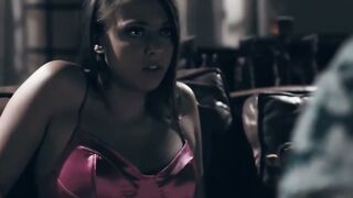 Glasses Man Watches Brunette in Pink Satin Lingerie