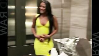 Brunette in Neon Yellow Dress Shows Off Cleavage and Big Hoops