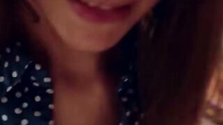 Brunette in Polka Dot Dress Bends Over Desk Watching Porn on Monitor