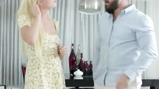 Blonde Woman Rides Bald Man on Bed in Bedroom Scene