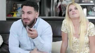 Blonde Woman Rides Bald Man on Bed in Bedroom Scene