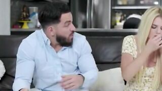 Blonde Woman Rides Bald Man on Bed in Bedroom Scene