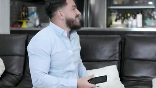 Blonde Woman Rides Bald Man on Bed in Bedroom Scene