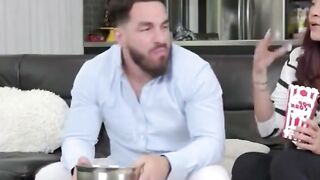 Blonde Woman Rides Bald Man on Bed in Bedroom Scene