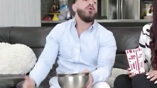Blonde Woman Rides Bald Man on Bed in Bedroom Scene