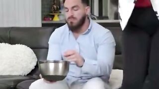 Blonde Woman Rides Bald Man on Bed in Bedroom Scene