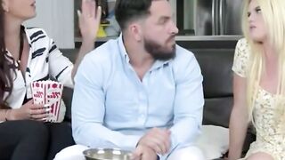 Blonde Woman Rides Bald Man on Bed in Bedroom Scene