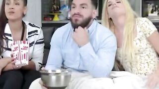 Blonde Woman Rides Bald Man on Bed in Bedroom Scene