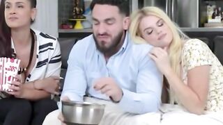 Blonde Woman Rides Bald Man on Bed in Bedroom Scene