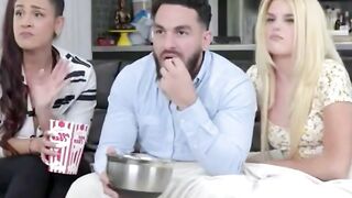 Blonde Woman Rides Bald Man on Bed in Bedroom Scene