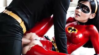 AI Babe in Red Latex Suit Rides Thick Cock on Kitchen Counter