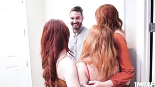 3 incredible red-headed ladies having fun footsies with Quinton