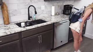 Stepdaughter Threesome Sucks Stepdad's Cock in Kitchen