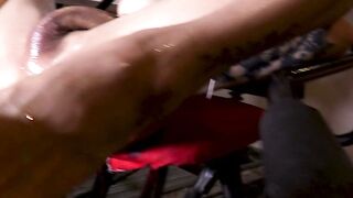 Blindfolded Asian shemale bareback anal sex with big cock white client