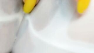 Latina Brunette Sucks Toy with Big Boobs in Wet White Braless Crop Top