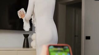 Blonde Step Mom Cleaning House Wears White Lace Dress For Stepson POV