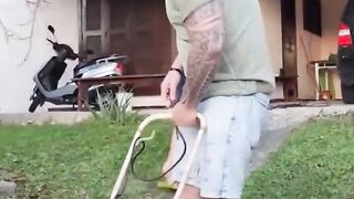 Brunette Threesome: Husband's Buddy Plumbs Her While He Mows