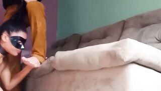 Masked Blonde Submissive Licks Feet on Couch