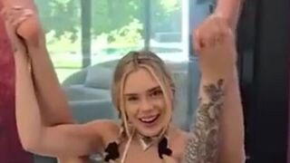 Blonde Slut with Tattooed Arm Sucks Cock on Couch and Shows Big Boobs